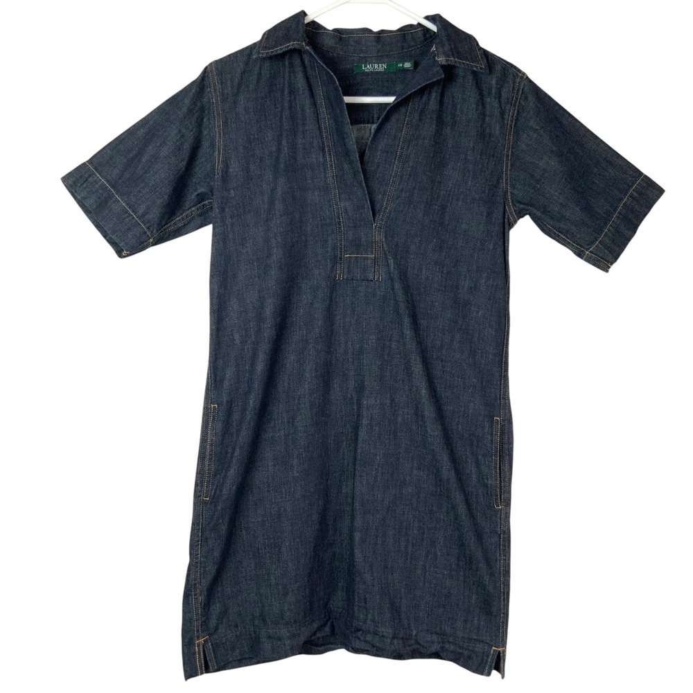 Lauren Ralph Lauren Dark Wash Denim Shirt Dress XS Collared V-Neck Short Sleeve
